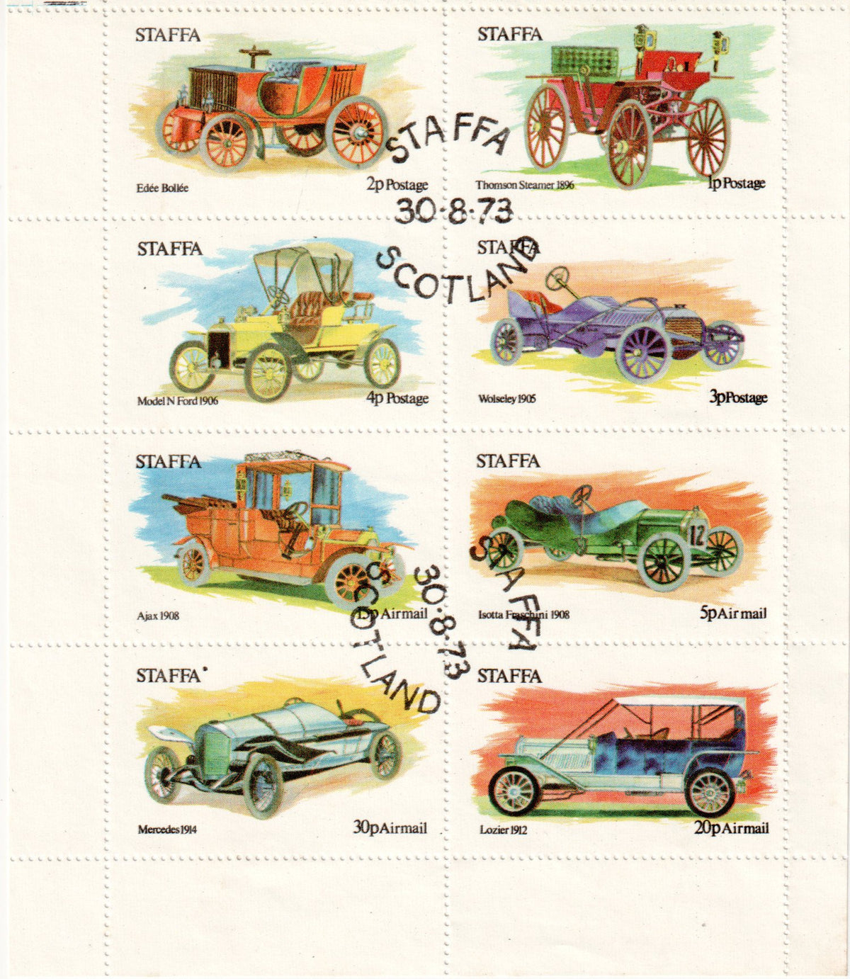 GB Locals - 1973 Staffa - Veteran Cars, J&P Cat Ref. 126-133 - Perf., CTO