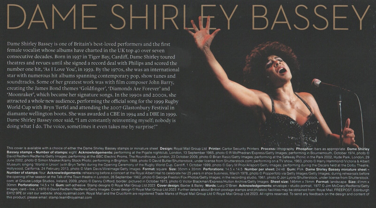 GB 2023 Music Giants - Shirley Bassey Smilers/Collector Sheet - set of 4 FDC's