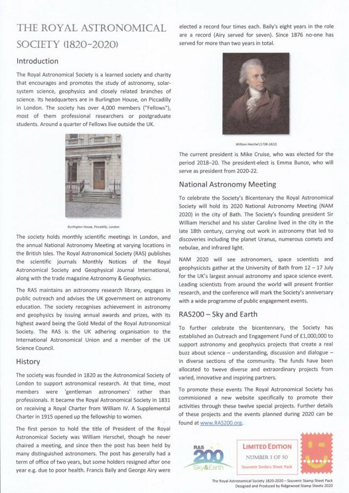 GB 2020 - Bicentenary of Royal Astronomical Society - Smilers - Ref: BC-521