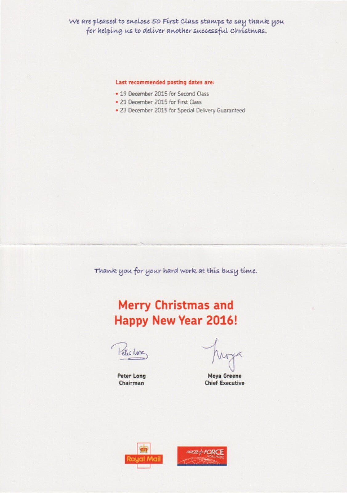 GB - Royal Mail 2015 Staff Christmas Card with 50 x 1st Xmas - Matrix Intact