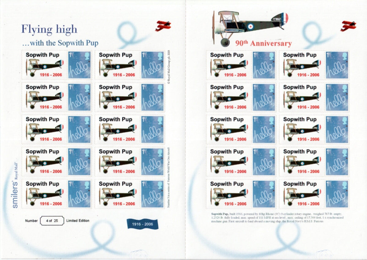 GB 2006- 90th Anniv. of the Sopworth Pup- Themed Smilers Sheet (Ref: TS-76)