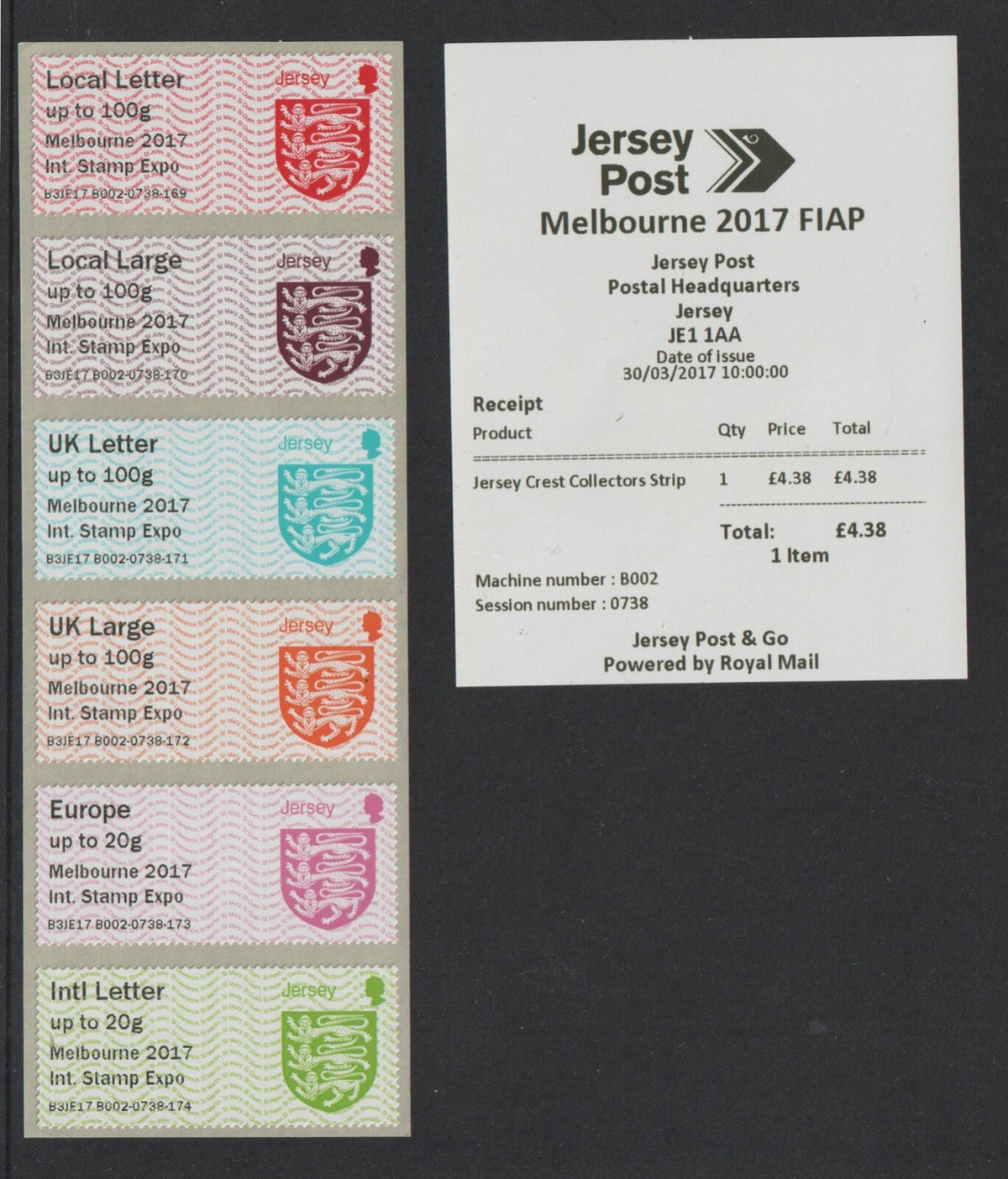 Jersey 2017 - Post & Go - Crests with Melbourne 2017 Stamp Expo o/p B3JE17 B002