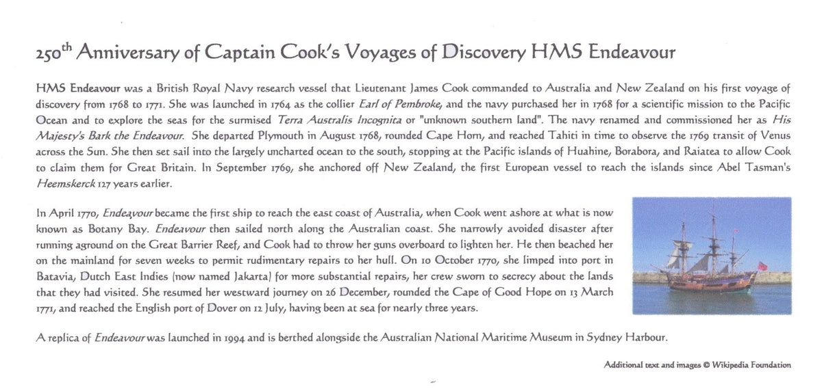 2018 - HMS Endeavour, Voyages of Discovery - Captain Cook Themed Smilers FDC