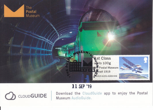 2019 Post and Go -  Airmail 1919 o/p - The Postal Museum Maxi Card FDC