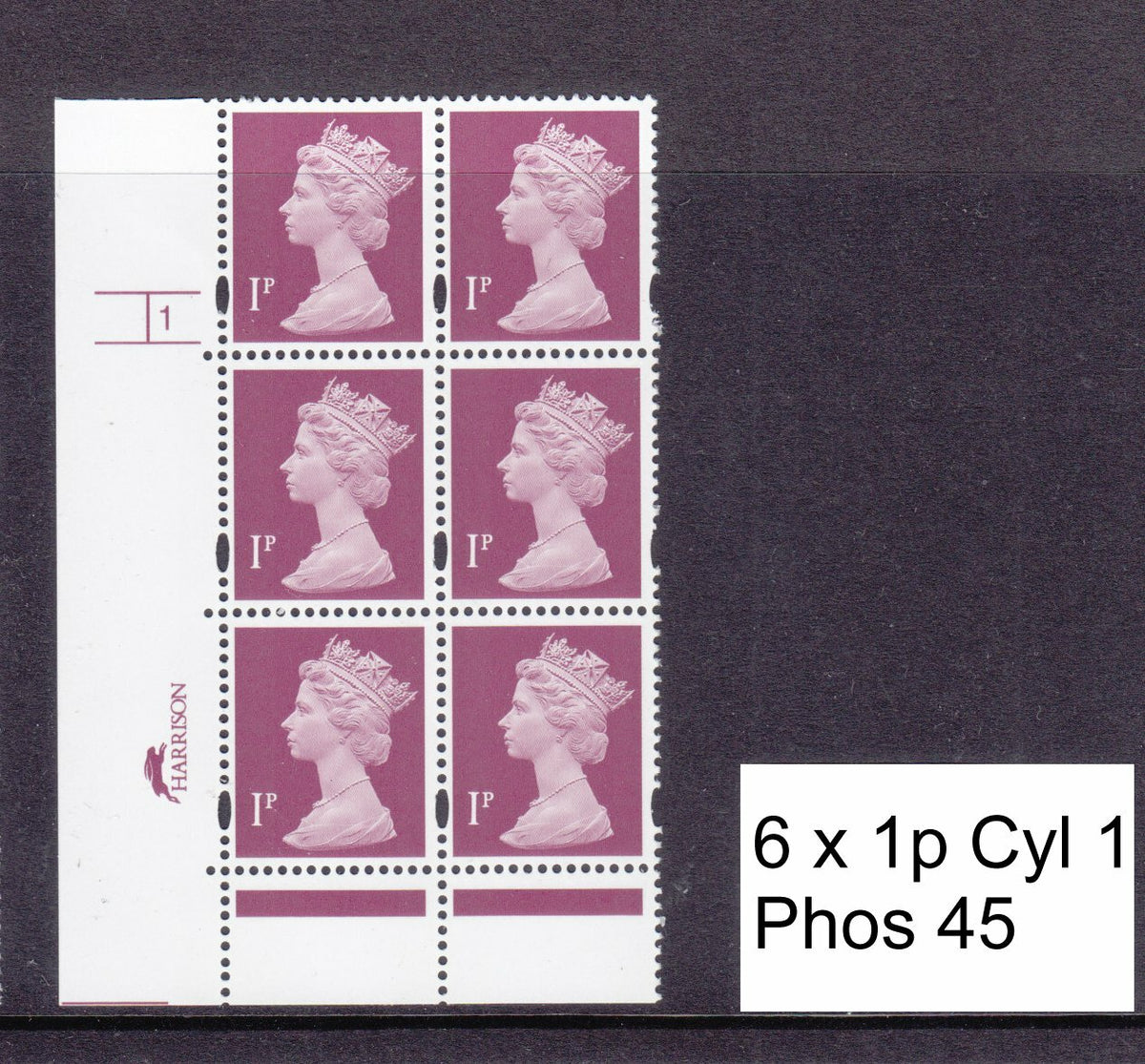 GB 1997 - 1p Computer Engraved Gravure 2 Bands - U69B  6 x 1p Cyl 1 no dot MNH