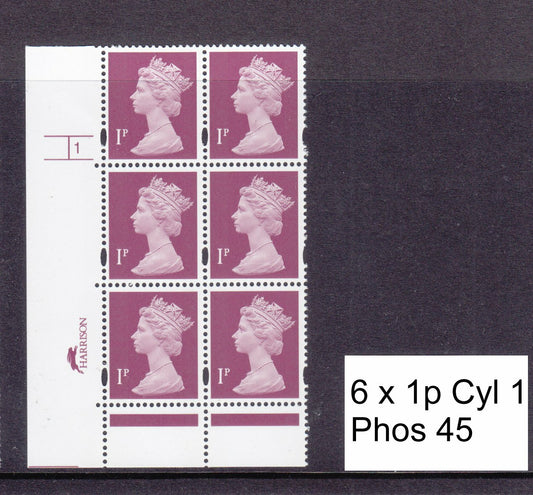 GB 1997 - 1p Computer Engraved Gravure 2 Bands - U69B  6 x 1p Cyl 1 no dot MNH