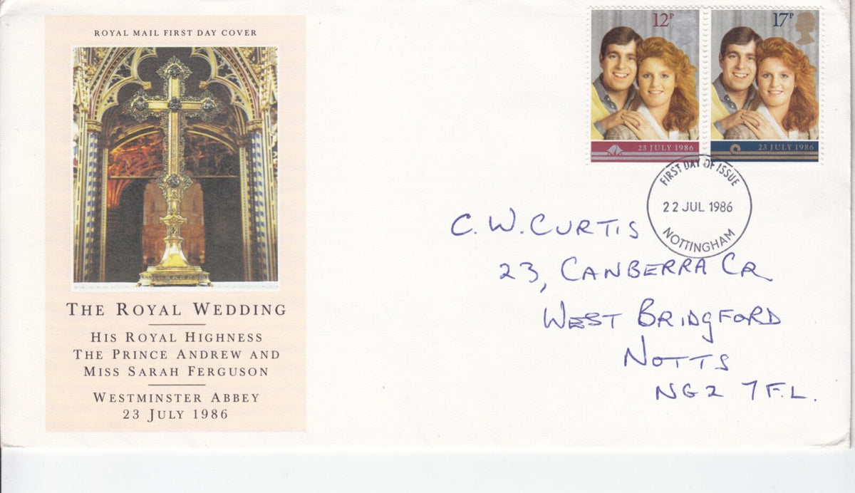 GB 1986 - Royal Wedding FDC - Nottingham Hand-stamp