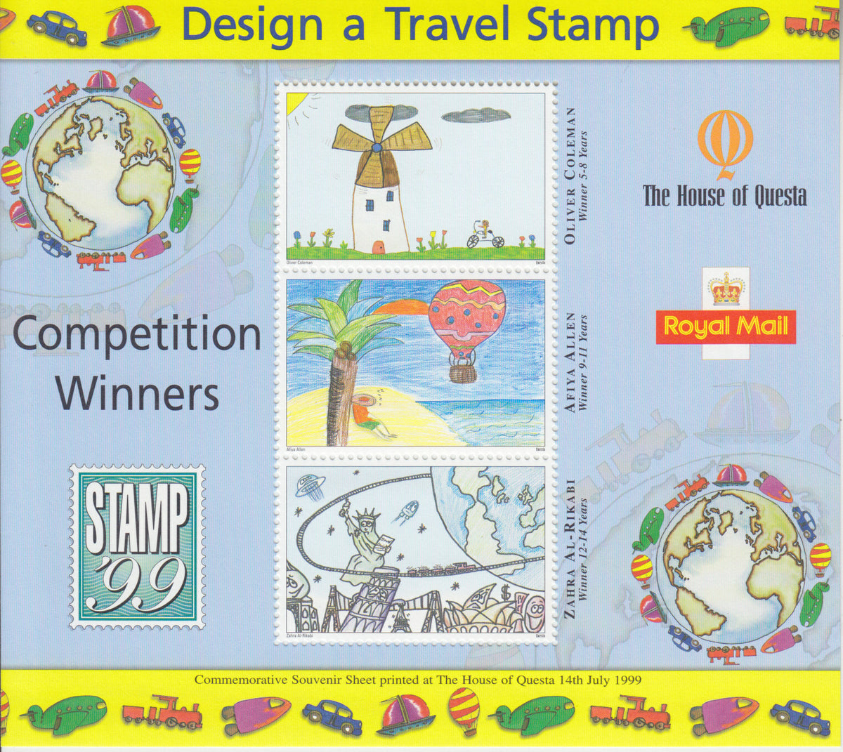 GB 1999 - Exhibition Sheet - Design a Travel Stamp Competition Winners