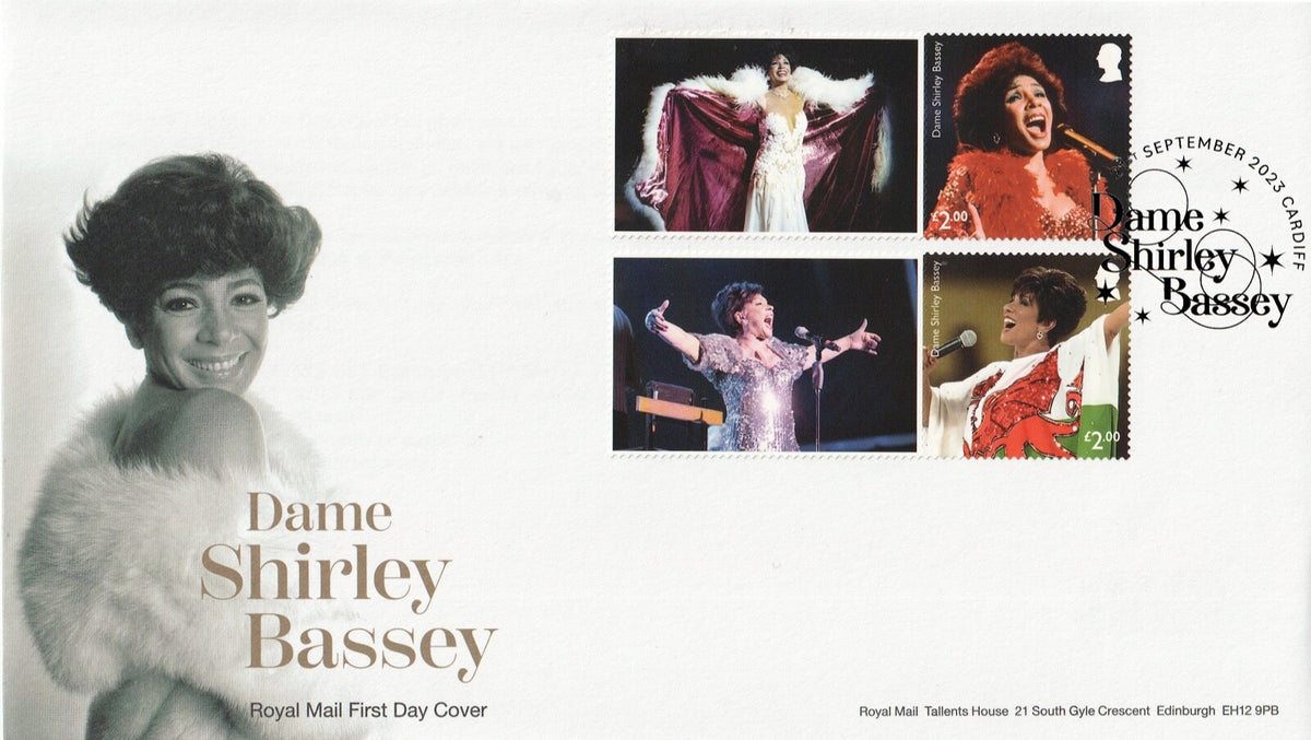 GB 2023  Music Giants - Shirley Bassey Smilers/Collector Sheet - set of 4 FDC's