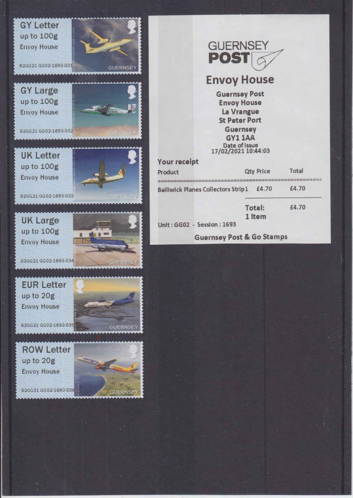 2021 Guernsey - Post & Go - Bailiwick Planes - Collector Strip - Envoy House o/p