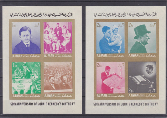 Ajman 1967 - 50th Birthday President Kennedy - 2 x Mini Sheets (IMPERF) MNH