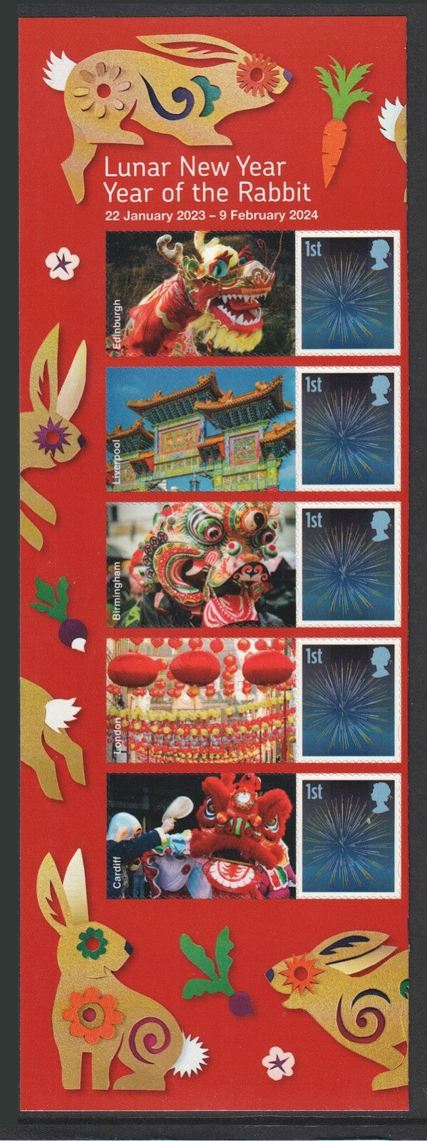 GB 2022  -  Year of the Rabbit Smilers -  Strip of 5 stamps/labels