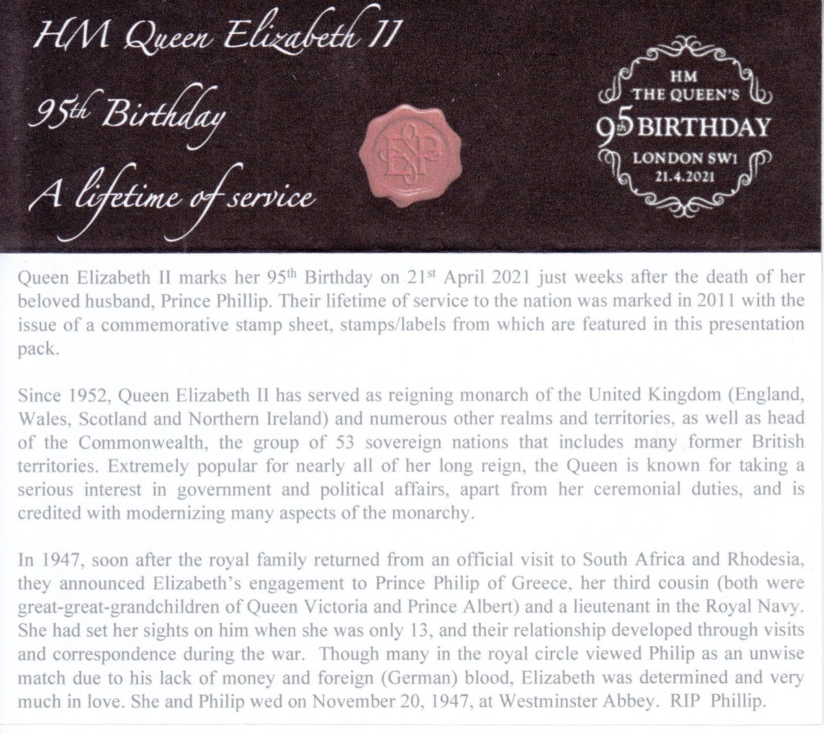 95th Birthday of HM Queen Elizabeth II - E&P Smilers Presentation Pack