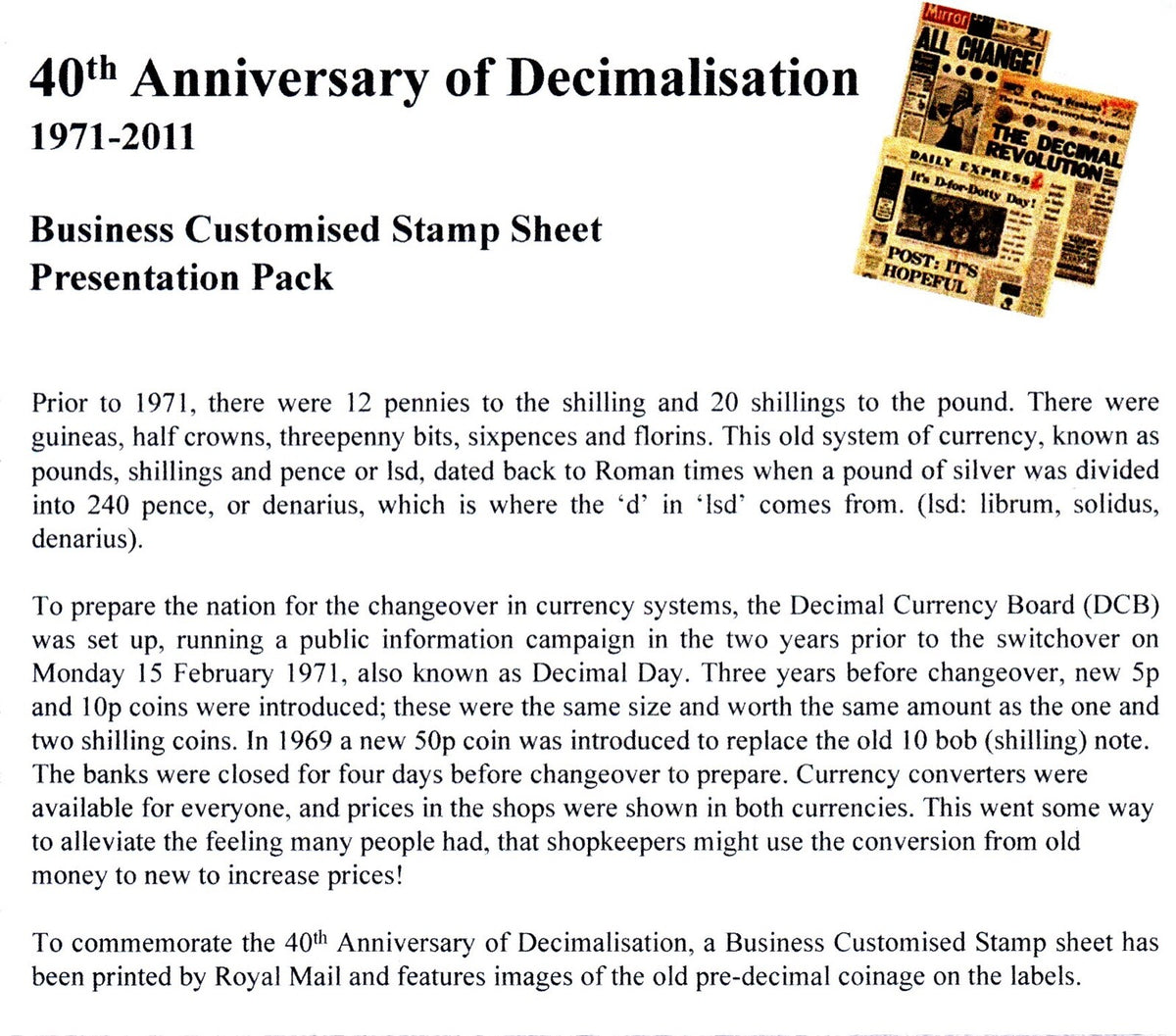 GB 2011 - 40th Anniversary of Decimalisation Smilers - Private Presentation Pack