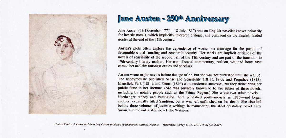 GB 2025 - Jane Austen 250th Anniv - Smilers/Collector Sheet FDC (2) GS182/LS180