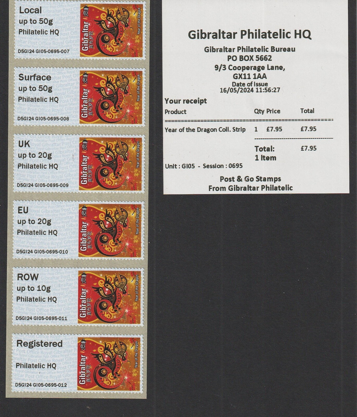 2024 Gibraltar Post & Go, Year of the Dragon - Philatelic HQ o/p  - Mint Strip