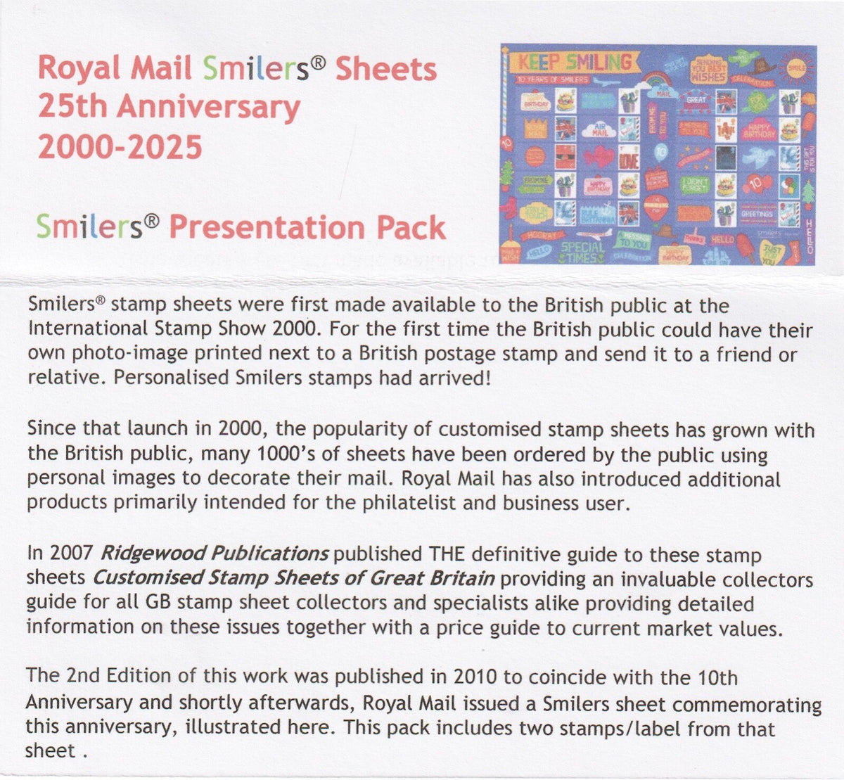 2025 - 25th Anniversary of Smilers Stamp Sheets - Private Presentation Pack