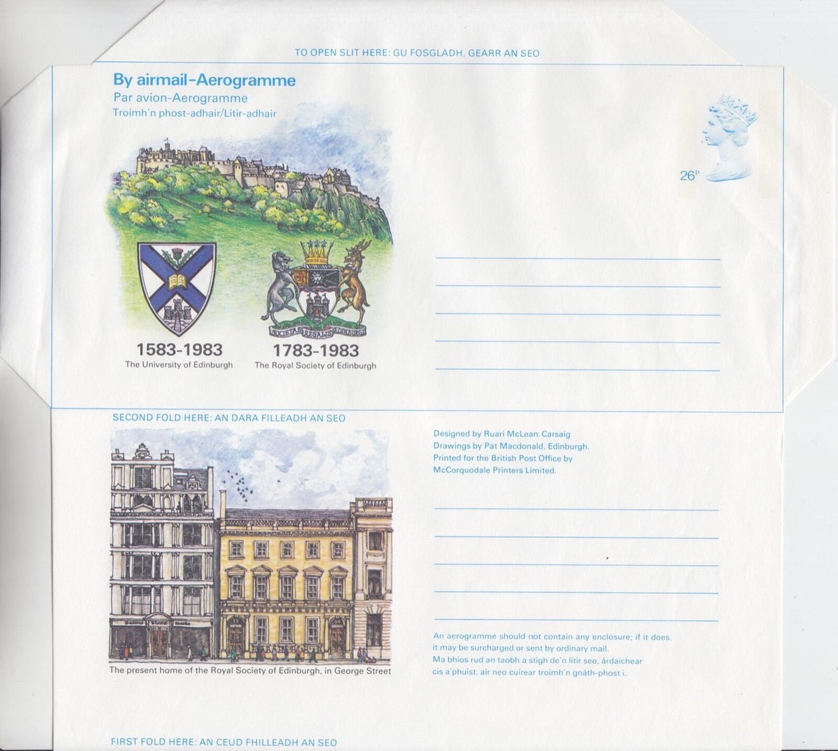GB 1983 -  Edinburgh University Aerogramme (26p) - H&G Ref: FG-102