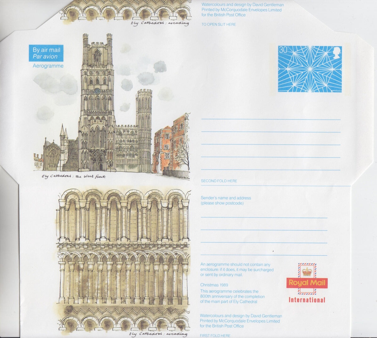 GB 1989 -  Ely Cathedral Aerogramme (30p) - H&G Ref: FG-131