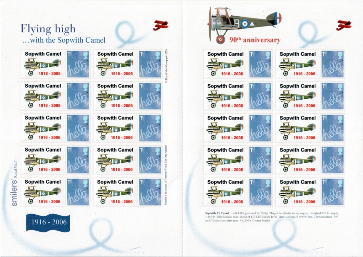 GB 2006- 90th Anniv. of the Sopworth Camel Themed Smilers Sheet (Ref: TS-54)