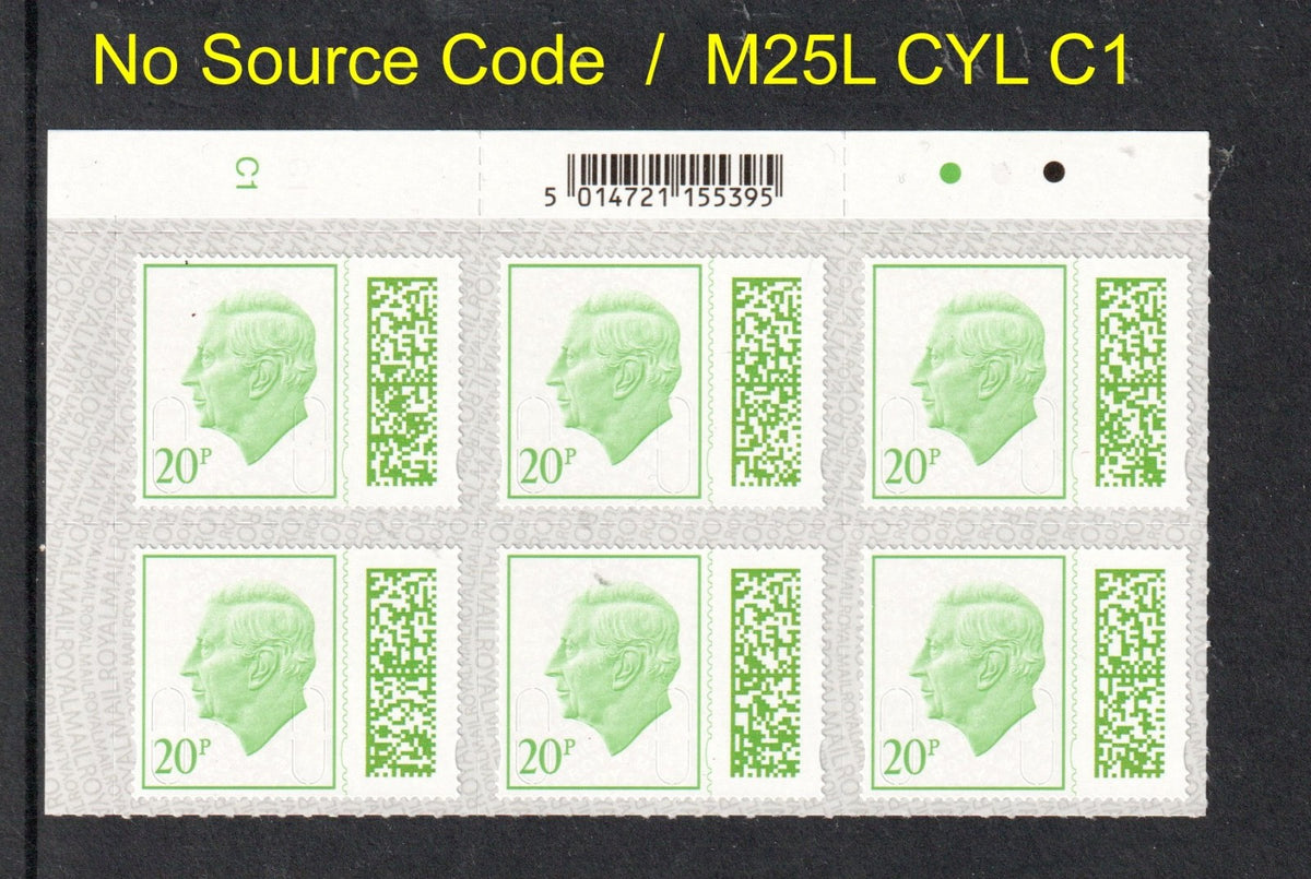 GB 2025 - 20p  Barcoded KC III Ex Counter Sheets  -  M25L Date Code CYL BLOCK