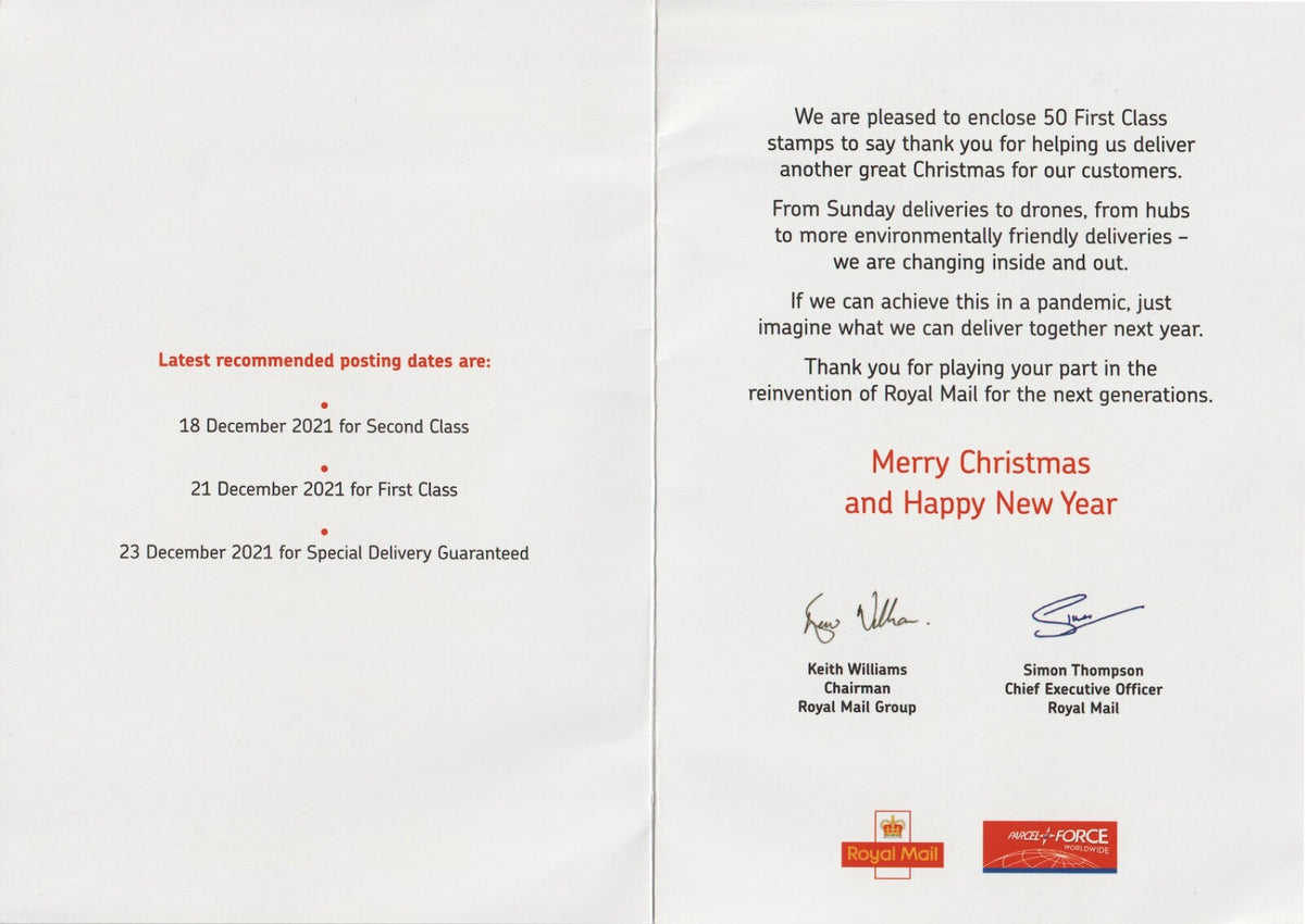 GB - Royal Mail 2021 Staff Christmas Card with 50 x 1st Xmas stamps