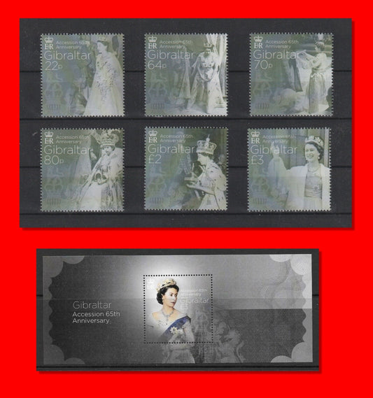 Gibraltar 2017 65th Anniversary. of QEII - Complete Set and Mini Sheet - MNH