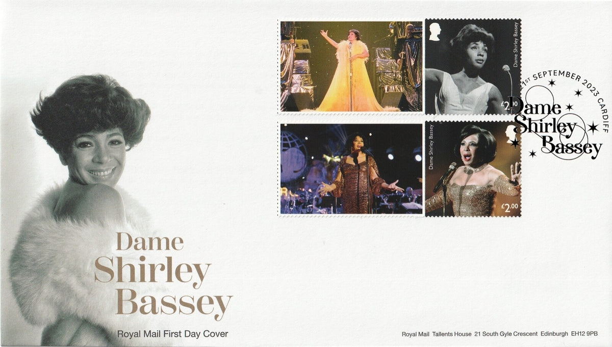 GB 2023  Music Giants - Shirley Bassey Smilers/Collector Sheet - set of 4 FDC's