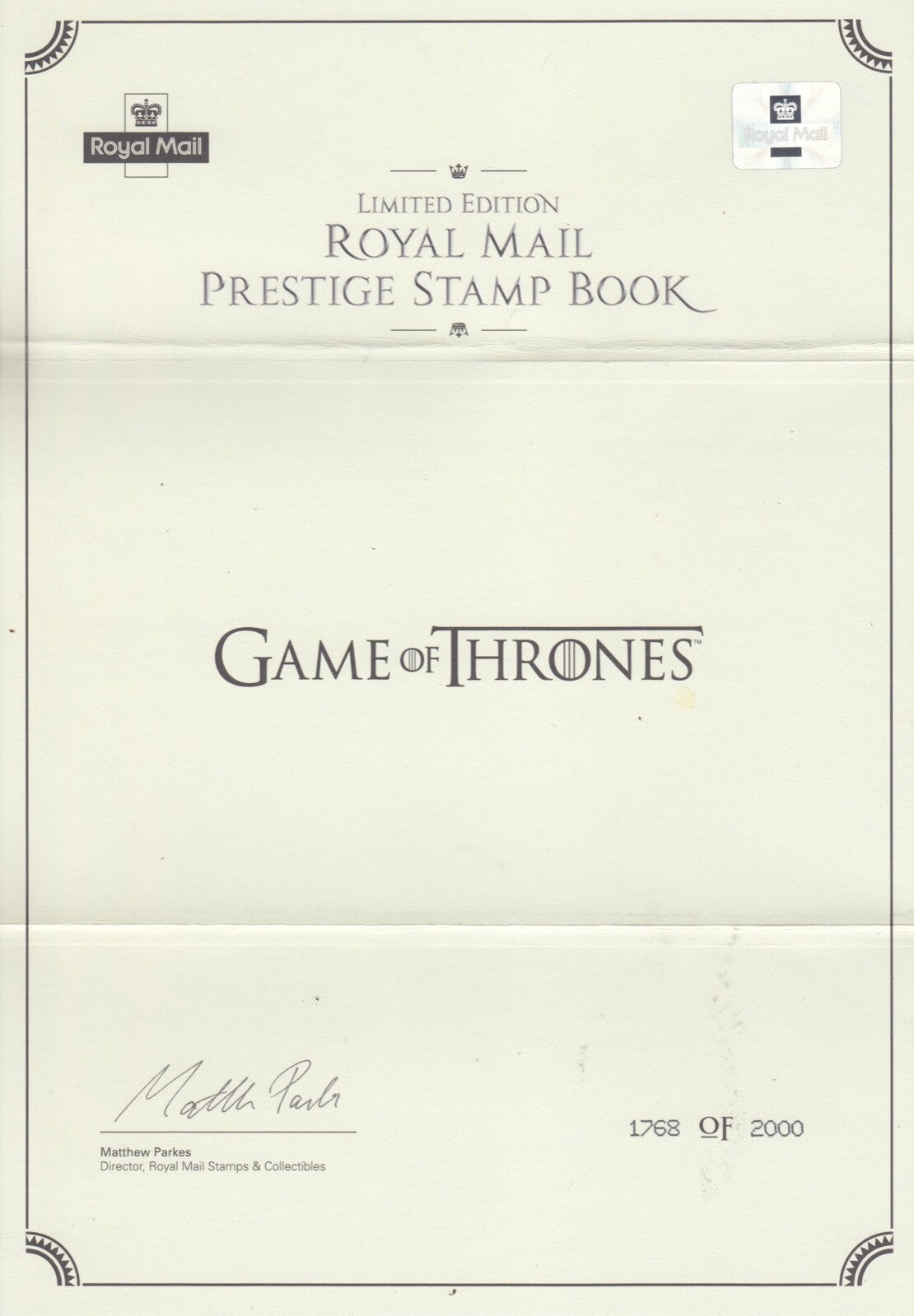 GB 2018 Game Of Thrones - Limited Edition Prestige Stamp Booklet DY24a