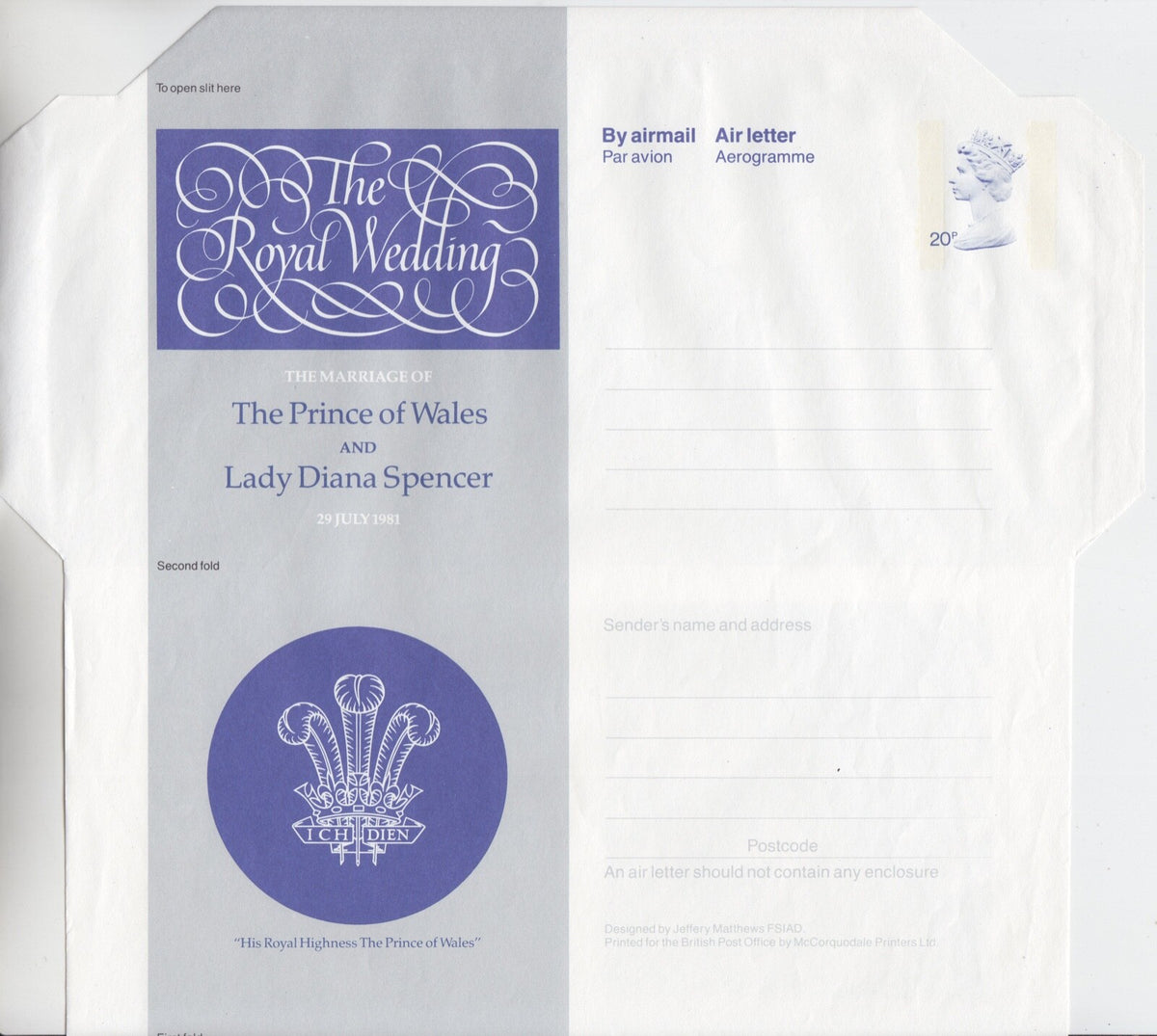 GB 1981 - Royal Wedding Aerogramme (Machin Head 20p) - H&G Ref: FG-95