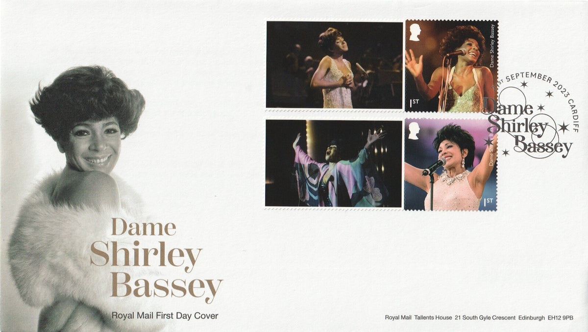 GB 2023  Music Giants - Shirley Bassey Smilers/Collector Sheet - set of 4 FDC's