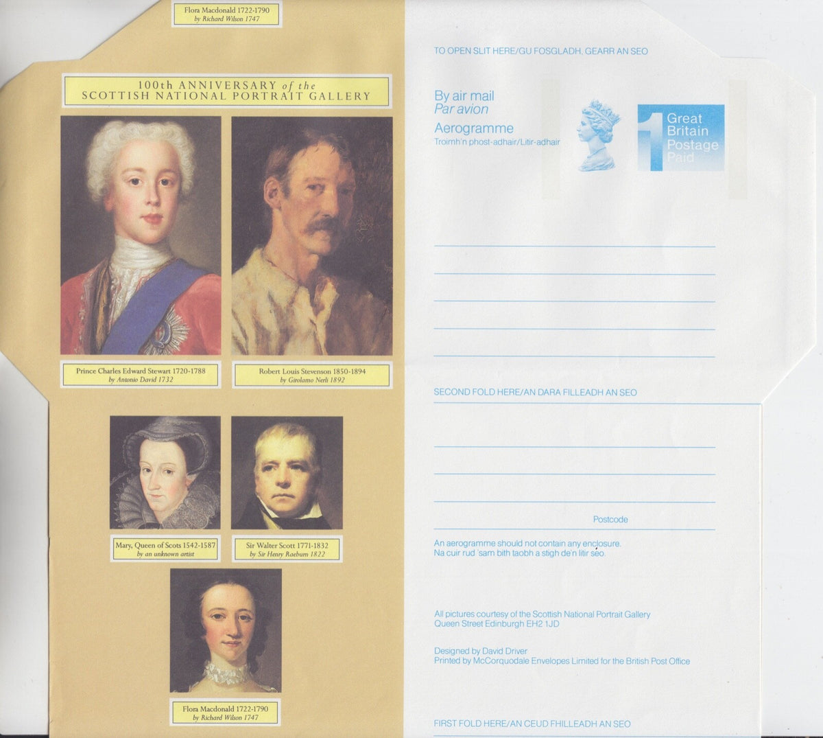 GB 1989 -  Scottish National Portrait Gallery Aerogramme (1st) - H&G Ref: FG-123