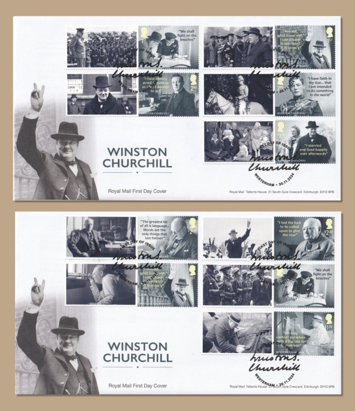 GB 2024  Winston Churchill  Smilers / Collector Sheet - FDC x 2 - Westerham SHS