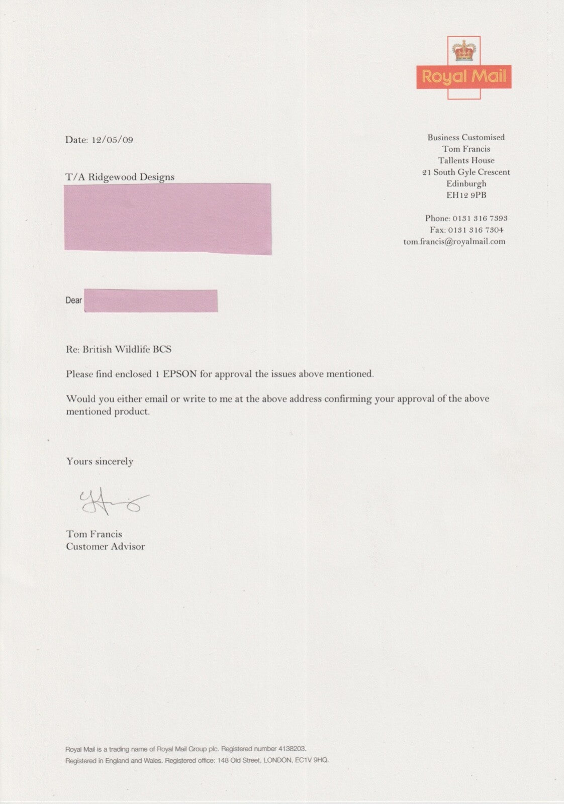 2009 GB British Wildlife Smilers - RM Proof Sheet + folder and covering letter