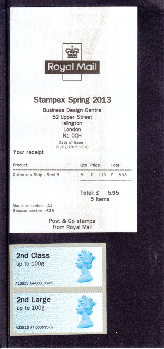 GB - Post & Go - Spring Stampex 2013 - 2nd Class - A2GB13 - A4  Strip (MA12)